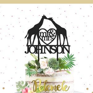 Custom Giraffe Mr & Mrs Cake Topper - Giraffe Wedding Cake Topper, Glitter Cake Topper, Silhouette Wedding Cake Topper, Decoración de bodas
