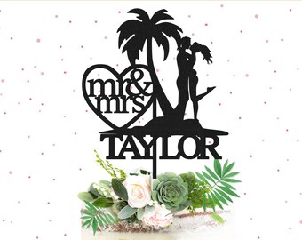 Personalized Tropical Mr & Mrs Cake Topper - Glitter Wedding Cake Topper, Tropical Cake Topper for Wedding, Palm Tree Wedding Cake Topper