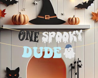 Glitter One Spooky Dude Birthday Banner - Cute Halloween Banner, Ghost Party Bunting, Spooky Birthday, Spooky One Theme, Ghost Birthday