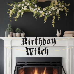 Glitter Gothic Birthday Witch Banner - Gothic Birthday Banner, Magic Party Banner, RIP Birthday Party, Old English Birthday Party Banner