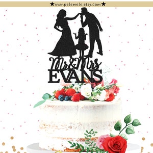 Family Wedding Cake Topper with Girl - Mr & Mrs Wedding Cake Topper, Funny Bride and Groom With Girl, Silhouette Cake Topper with Kids