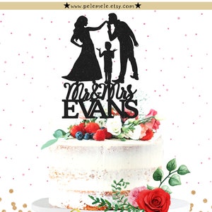 Family Wedding Cake Topper with Boy - Mr & Mrs Wedding Cake Topper, Funny Bride and Groom With Boy, Silhouette Cake Topper with Kids