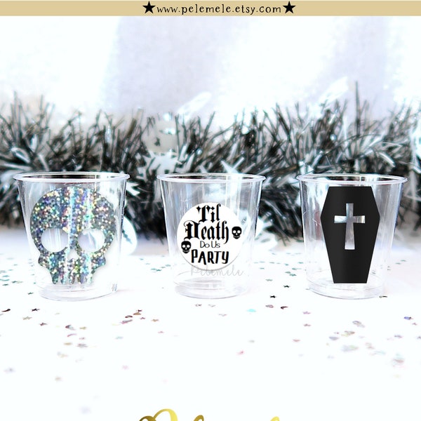 Plastic Til Death Do Us Party Shot Glasses - Plastic Party Shots, Bachelorette Glasses, Skull Glasses, Skull Shots, Gothic Favours, Goth Hen