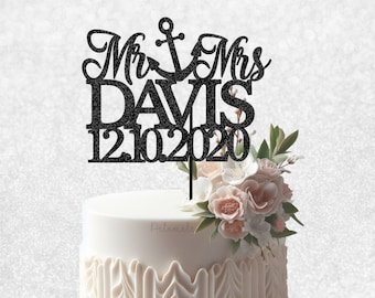 Custom MR & MRS Cake Topper - Glitter Wedding Cake Topper, Mr and Mrs Cake Topper, Nautical Wedding Cake Topper, Anchor Wedding Cake Topper
