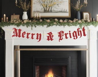 May include: Red and white Christmas banner with the text "Merry & Fright" hanging above a fireplace with a lit fire. The banner is made of paper and has a gothic font.