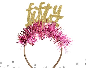 Glitter 50 Script Birthday Headband - 50 Headband, 50th Tinsel Party Crown, 50th Birthday Crown, 50th Birthday Party, Happy 50th Party Crown
