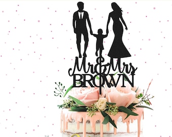 Silhouette Family Wedding Cake Topper - Family Wedding Cake Topper, Couple with Boy Cake Topper, Mr and Mrs Baby Cake Topper, Family Wedding