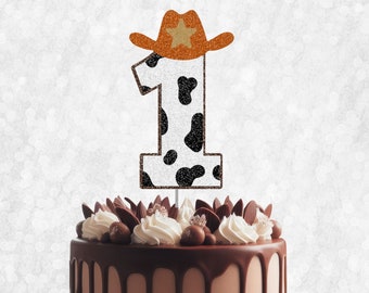 Glitter Number 1 Cowboy Cake Topper - Farm Birthday, One Topper, Cowboy Birthday, My First Rodeo, Rodeo Smash Cake, Cow print 1 Cake Topper