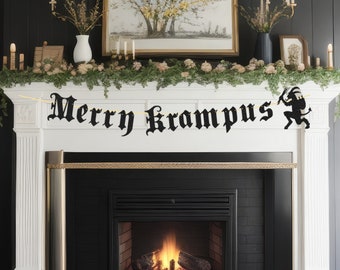 May include: A white fireplace mantel decorated with greenery and a black banner that reads "Merry Krampus". A black silhouette of Krampus is on the right side of the banner.