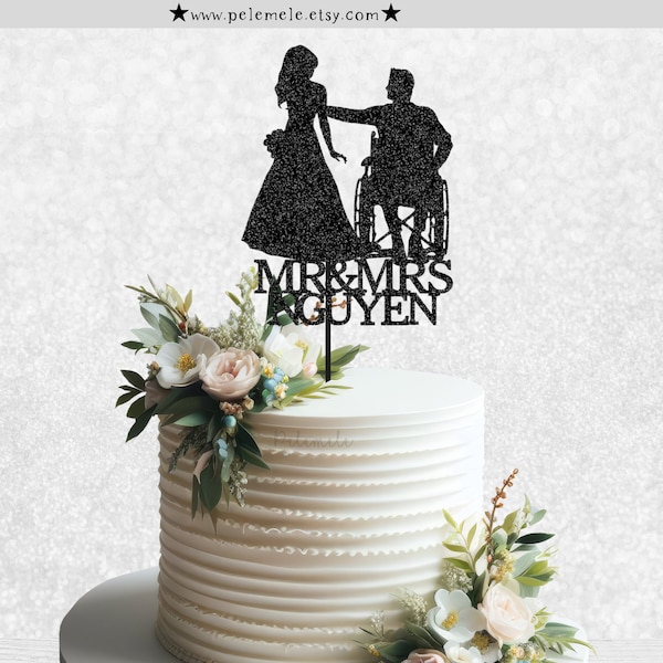 Custom Wheelchair Mr & Mrs Cake Topper - Wedding Cake Topper, Personalised Wedding Topper, Custom Wedding Cake Topper, Groom in Wheelchair