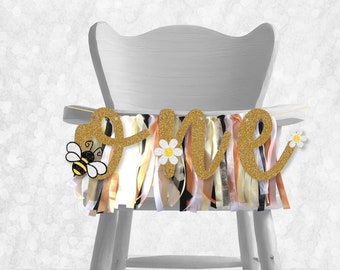 Glitter Bee ONE Birthday High Chair Banner - Bee Theme Smash Cake Photo Prop, 1st Birthday Backdrop, Ribbon Banner, 1st Birthday Bunting