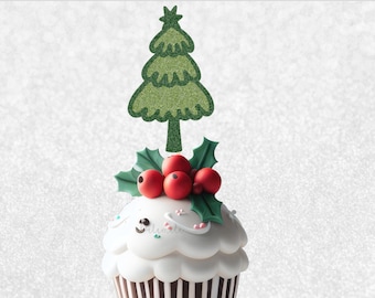 Sparkle Christmas Tree Cupcake Toppers - Glitter Festive Cupcake Toppers, Cute Christmas Cake Decorations, Glitter Holiday Cupcake Picks