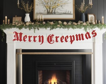 Glitter Merry Creepmas Banner - Gothic Christmas Banner, Gothic Christmas Decorations, Goth Xmas Party, Old English Banner, Spooky Christmas