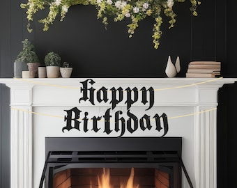 Glitter Gothic Happy Birthday Banner - Gothic Birthday Banner, Gothic Party Banner, RIP Birthday Party, Old English Birthday Party Banner