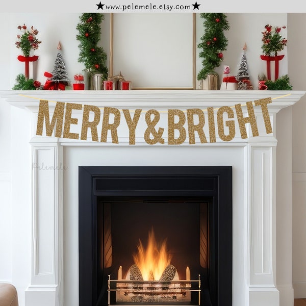 Glitter Merry & Bright Banner - Christmas Garland, Christmas Banner, Merry Christmas Bunting, Christmas Decorations, Christmas Party Decor