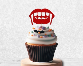Glitter Vampire Cupcake Toppers - Halloween Cupcake Toppers, Halloween Party, Halloween Decorations, Vampire Party, Vampire Lip Cupcakes
