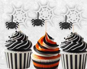 Glitter Spiderweb Cupcake Toppers - Glitter Cupcake Topper, Cute Halloween Cupcake Toppers, Pastel Halloween Party, Spider Decorations