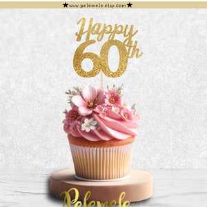 Glitter Happy 60th Cupcake Toppers - 60th Birthday, 60th Anniversary Cupcake Topper, 60th Birthday Decor, 60th Anniversary Party, Food Picks