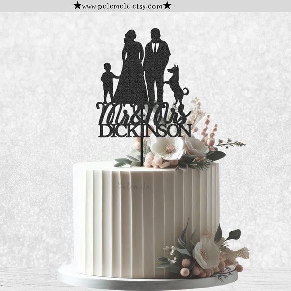 Plus Size Wedding Cake Topper With Boy & Dog - Family Wedding Cake Topper, Silhouette Wedding Topper, Curvy Wedding Cake Topper with Dog