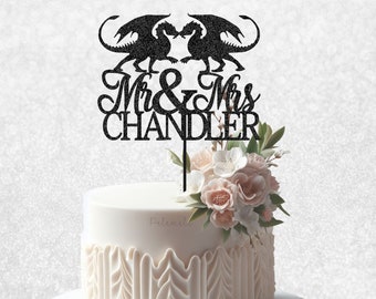 Custom Dragon MR & MRS Cake Topper - Wedding Cake Topper, Mr and Mrs Cake Topper, Fantasy Wedding Cake Topper, Dragon Wedding Cake Topper