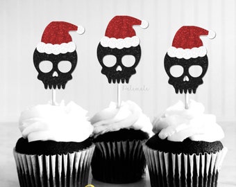 Christmas Skull Cupcake Toppers - Gothic Christmas cupcake toppers, Spooky Christmas Decor, Christmas Goth, Santa Skull Cupcake Toppers