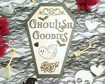 Gothic Ghoulish Goodies Sign - Gothic Table Sign, Gothic Hen Party, Gothic Wedding, Gothic Birthday, Halloween Bar Sign, Coffin Table Sign