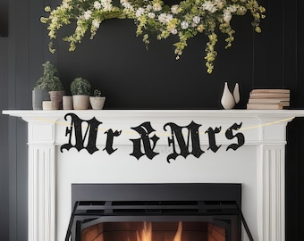 Glitter Gothic Mr & Mrs Banner - Gothic Wedding Banner, Gothic Bride Banner, Goth Wedding Bunting, Old English Wedding Banner, Gothic Party