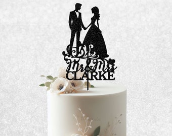 Custom Elegant Mr & Mrs Cake Topper - Elegant Wedding Cake Topper, Floral Wedding Cake Topper, Personalised Glitter Wedding Cake Topper,