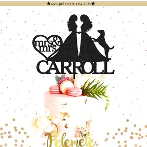 MRS Wedding Silhouette Cake Topper With Dog - Dog Wedding Cake Topper, Silhouette Wedding Cake Topper, Lesbian Wedding Cake Topper with Dog
