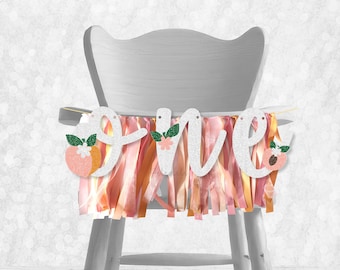 Glitter Peach ONE Birthday High Chair Banner - Smash Cake Photo Prop, 1st Birthday Backdrop, Glitter Ribbon Banner, 1st Birthday Bunting