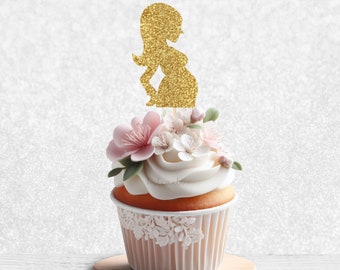 Glitter Pregnant Woman Cupcake Toppers - Baby Shower Toppers, Gender Reveal Decor, Glitter Baby Sprinkle Decorations, Sparkle Food Picks