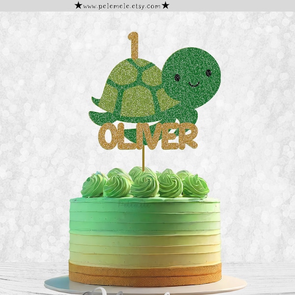 Custom Turtle Cake Topper - Tortoise Cake Topper, Turtle Birthday Decor, Personalised cake topper, Glitter Cake Sign, Ocean Cake Topper