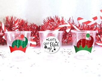 Plastic Let's Get Elfed Up Shot Glasses - Glitter Xmas Party Shot Glasses, Christmas Party Shots, Christmas Favours, Xmas Party Decorations