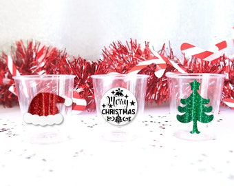 Plastic Merry Christmas Shot Glasses - Christmas Shots, Xmas Shot Glasses, Christmas Party Shots, Christmas Favours, Xmas Party Decorations