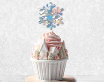 Silver Holographic Snowflake Cupcake Toppers - Glitter Christmas, Pastel Christmas, Pink Christmas Decor, Winter Onederland Cupcake Toppers