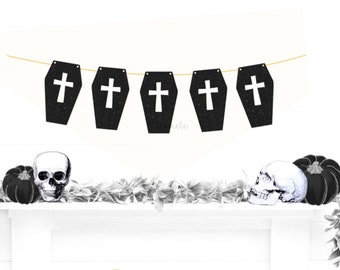 Glitter Coffin Garland - Goth Birthday Banner, Coffin Bunting, Gothic Bachelorette Party, Gothic Hen Party, RIP Single Life, Rip Birthday