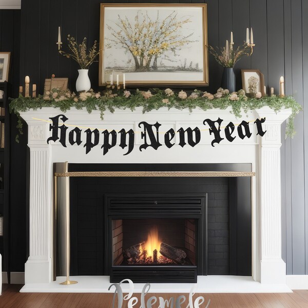 Glitter Happy New Year Banner - Gothic New Year Banner, Gothic New Year's Decorations, Goth 2023 Party, Old English Banner, Spooky New Year