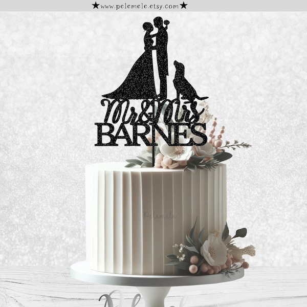 Wedding Silhouette Cake Topper With Dog - Dog Wedding Cake Topper, Silhouette Wedding Cake Topper, Couple Wedding Cake Topper with Dog
