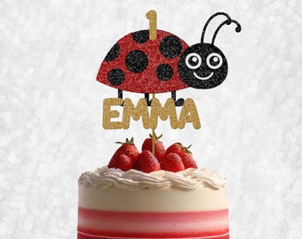 Custom Ladybug Cake Topper - Glitter Ladybird topper, Bug Birthday Decor, Personalised cake topper, Glitter Cake Sign, Bug Cake Topper