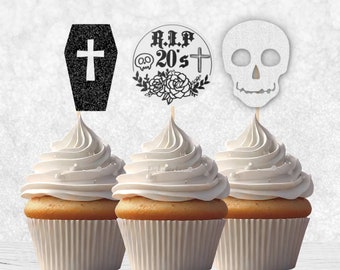 Gothic RIP 20's Cupcake Toppers - 30 Cupcake Toppers, Gothic Cupcake Toppers, Funeral Birthday, 30th Cupcake Toppers, Death to My Youth