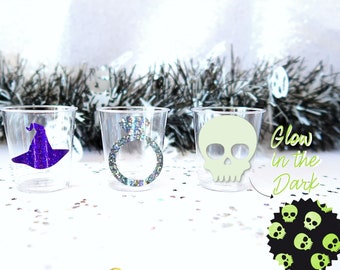 Plastic Glow in the Dark Skull Shot Glasses - Gothic Shots, Bachelorette Glasses, Skull Glasses, Halloween Hen Do, Witch Favours, Witch Hen