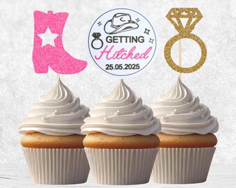 Custom Getting Hitched Cupcake Toppers - Rodeo Hen Party, Cowgirl Bachelorette, Cowboy Bachelorette, Disco Cowgirl Hen Party, Disco Rodeo