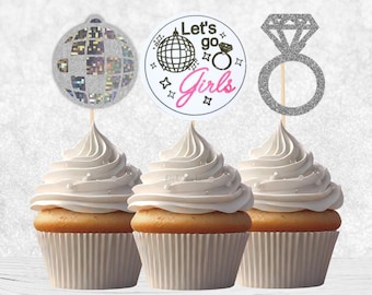 Disco Let's Go Girls Cupcake Toppers - Disco Hen Party, Disco Cowgirl Bachelorette, Glitter Disco Ball Cupcake Toppers, Disco Theme Party