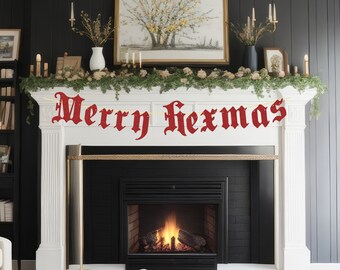 Glitter Merry Hexmas Banner - Gothic Christmas Banner, Gothic Christmas Decorations, Goth Xmas Party, Old English Banner, Spooky Christmas