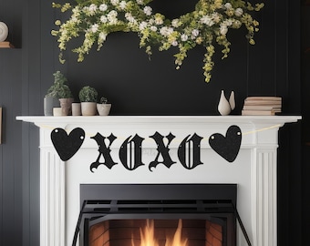 Glitter Gothic XOXO Heart Banner - Gothic Wedding Banner, Gothic Bride Banner, Goth Valentines Day Bunting, Old English Wedding Banner, XOXO