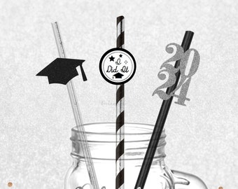 Silver I Did It Graduation Straws - Glitter Graduation Party, Glitter Graduation Paper Straws, Grad 2024, Class of 2024, University Party