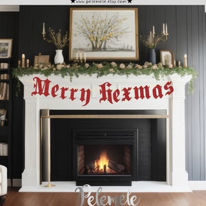 May include: Red "Merry Hexmas" banner with a white background hanging above a fireplace with a lit fire. The banner is decorated with small white lights. The fireplace is surrounded by a white mantel and a green garland.