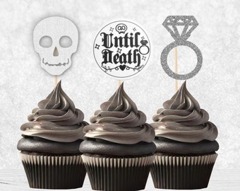 Gothic Until Death Cupcake Toppers - Goth Engagement Party, Goth Wedding Toppers, Goth Hen Party, Gothic Bachelorette, Skull Cupcake Picks