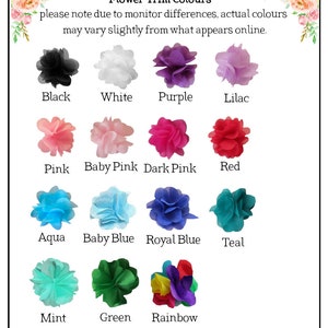 May include: A chart showing 12 different colors of flower trim. The colors are black, white, purple, lilac, pink, baby pink, dark pink, red, aqua, baby blue, royal blue, teal, mint, green, and rainbow.