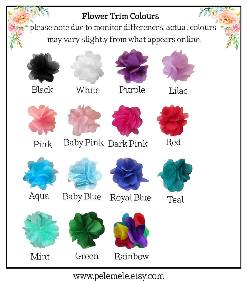 May include: A chart showing 12 different colors of flower trim. The colors are black, white, purple, lilac, pink, baby pink, dark pink, red, aqua, baby blue, royal blue, teal, mint, green, and rainbow.